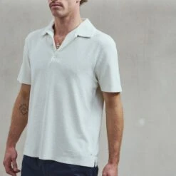 Polo Éponge à Bouton Ecru(Ecru Button Down Terrycloth Polo Shirt) -Rivieras Boutique rivieras clothes polo beige PANORMOS CL05