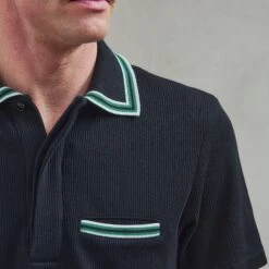 Polo à Col Jacquard Noir(Black Knitted Collar Polo Shirt) -Rivieras Boutique rivieras clothes polo black ALVOR CL05